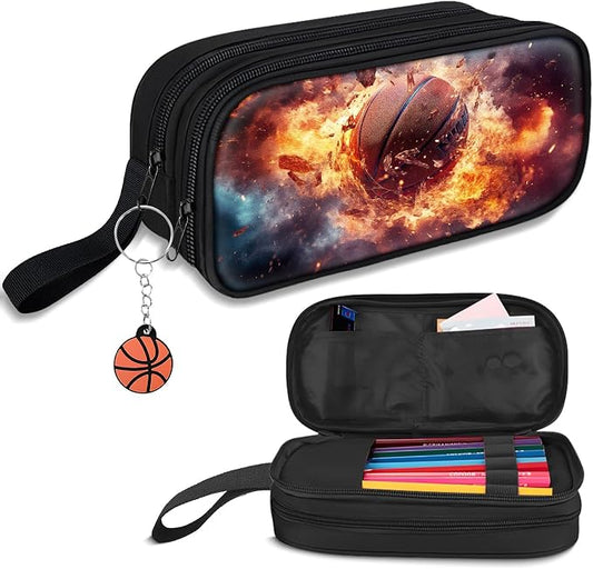 TILYTADLY Large Pencil Case for Boys - Basketball Boys Pencil Pouch with Zipper Compartments - Big Capacity Pen Box Pen Bag Organizer with Keychain for Kids Teens School