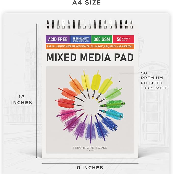 Beechmore Books 9"x12" Watercolor Sketchpad - Professional Spiral Bound Sketchbook, 50 Sheets 300 GSM / 140 lb Heavyweight Acid-Free Paper, Micro-Perforated for Acrylic, Gouache and Mixed Media