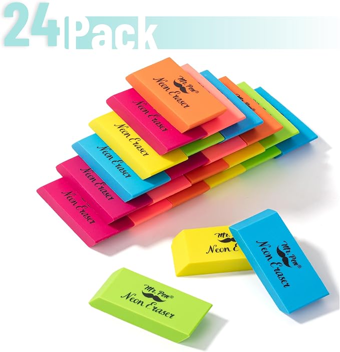 Mr. Pen- Pencil Eraser, 24 Pack, Neon Colors | Large Latex Free Block Erasers Bulk for School, Office, Art Sketching, Homework, Exams, Clean Smudge-Free Correction