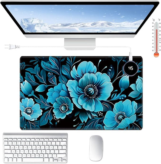 Heated Desk Pad Large Mouse Pad 23.6 x 14.1 inch with 3 Levels Heating & Auto Shut-Off Warm Mouse pad PU Leather Computer Mousepad for Home Office Work - Blue Floral Flower