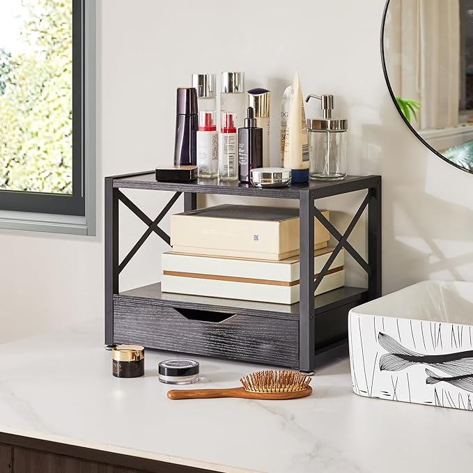 IBUYKE 2 Tier Desktop Printer Stand with Drawer Storage TLJ006B | Multi-Purpose Desk Organizer,Wooden Printer Stand for Folders,Books,for Fax Machine, Scanner,Home Office