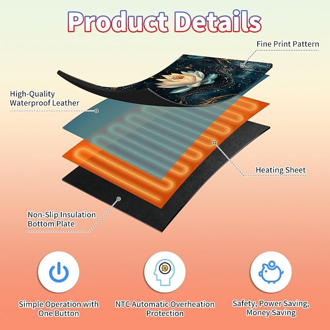 Heated Desk Pad Large Mouse Pad 23.6 x 14.1 inch with 3 Levels Heating & Auto Shut-Off Warm Mouse pad PU Leather Computer Mousepad for Home Office Work - Lotus Flowers