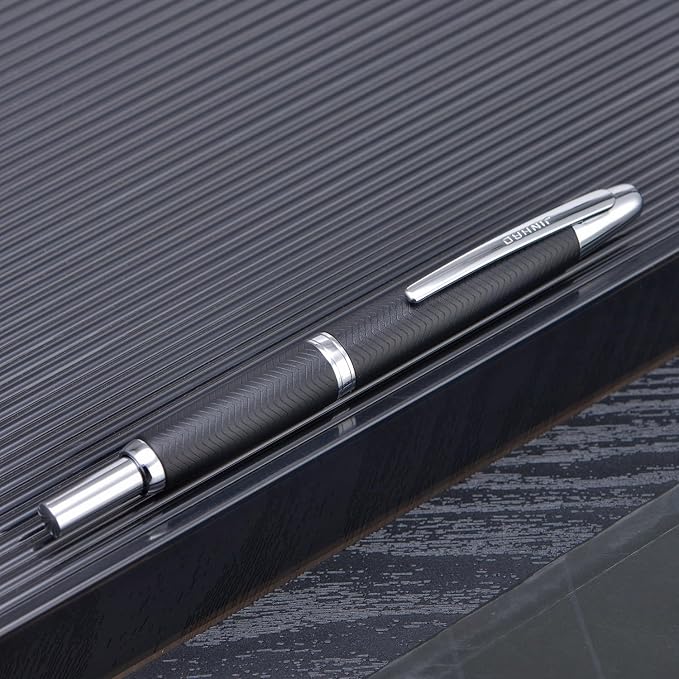 Jinhao 10 Press Fountain Pen with Box, Wavy Matt Black Chromium Retractable Fine Nib with Converter Set (Silver Clip)