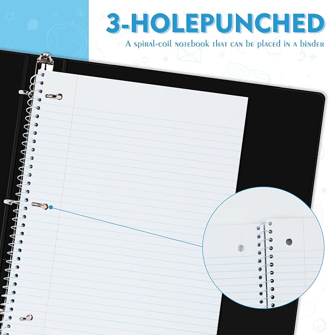 Yeplan Spiral Notebooks 4 Pack, College Ruled Notebook Paper, 1 Subject Notebook for School & Work, 8" x 10-1/2", 70 Sheets per Notebook, 4 Assorted Colors