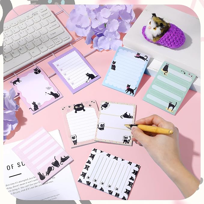Chiisong 12 Pads Black Cat Sticky Notes 3x4 Inch Cat Notepad Cute Self Stick Notepads Funny Adhesive Memo Pad Office Decor Gifts for Animal Lover Gift Meeting Office Christmas Supplies