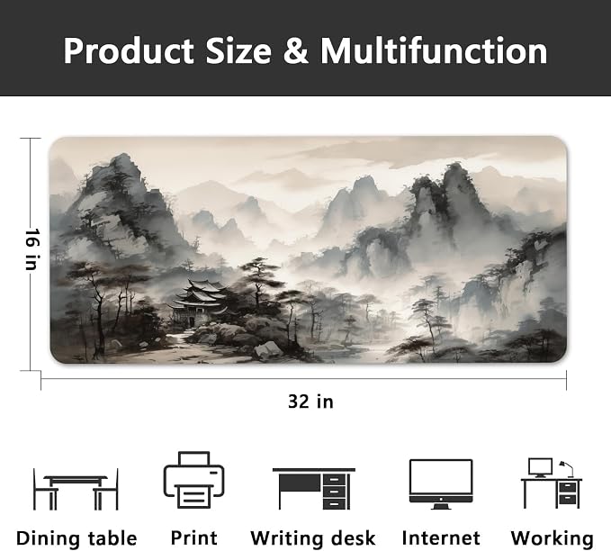 Britimes Pine Trees and Mountains Desk Mat Black and White Ink Painting Deak Pad Non-Slip PU Leather Large Keyboard Mouse Pad Office Desktop Accessories for Office,Work,Home Decor(31.5"X15.7")