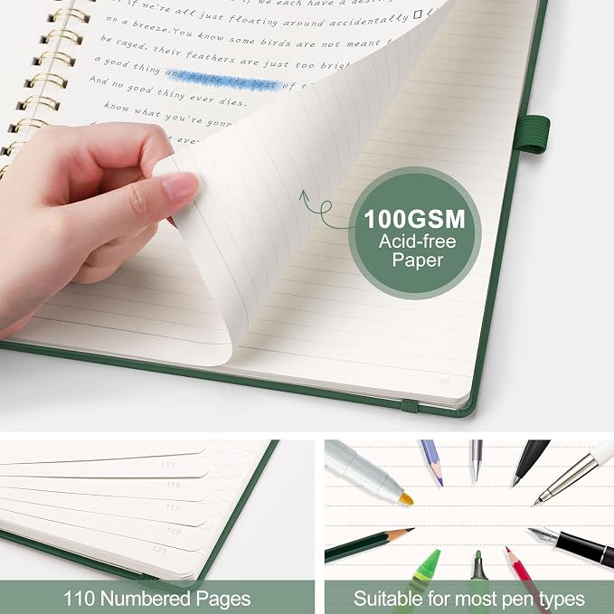 AHGXG Lined Spiral Journal Notebook, 110 Pages, A4 (8.5" x 11") | Journals for Women, Hardcover Leather Notebook College Ruled, 100 GSM Paper, for Work School Note Taking (Dark green)