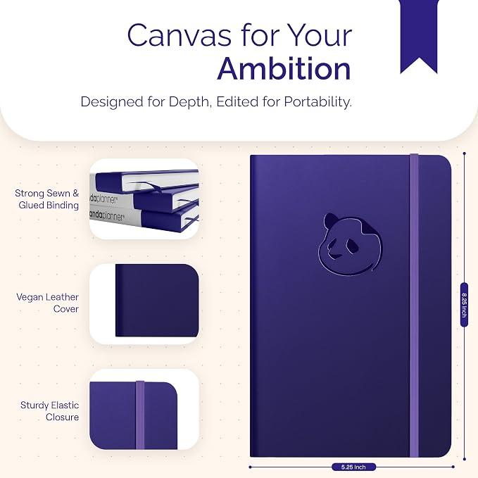 Panda Planner Classic A5 Undated Daily Planner 2026-2027, 8.25x5.75 Purple | Hourly schedule, to do list, habit tracker, gratitude journal, quarterly layout, 100 GSM paper