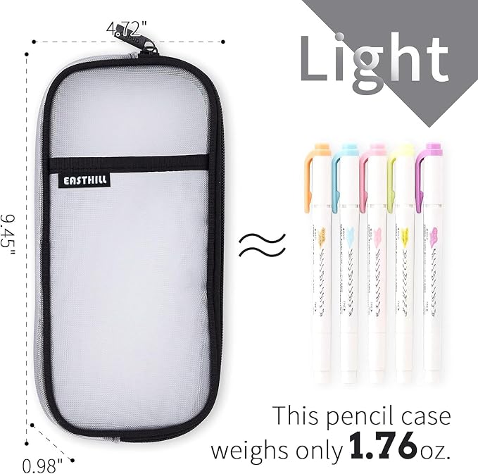 EASTHILL Grid Mesh Pen Pencil Case with Zipper Clear Makeup Color Pouch Cosmetics Bag Multi-Purpose Travel School Teen Girls and Boys Transparent Stationary Bag Office Organizer Box for Adluts(White