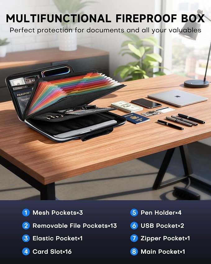 DOZAWA Fireproof Document Box, Waterproof Hard File Organizer with Lock | UL-94 VTM-0 certified 8-layer document box withstands up to 5200°F, featuring waterproof zippers, DeepBlue