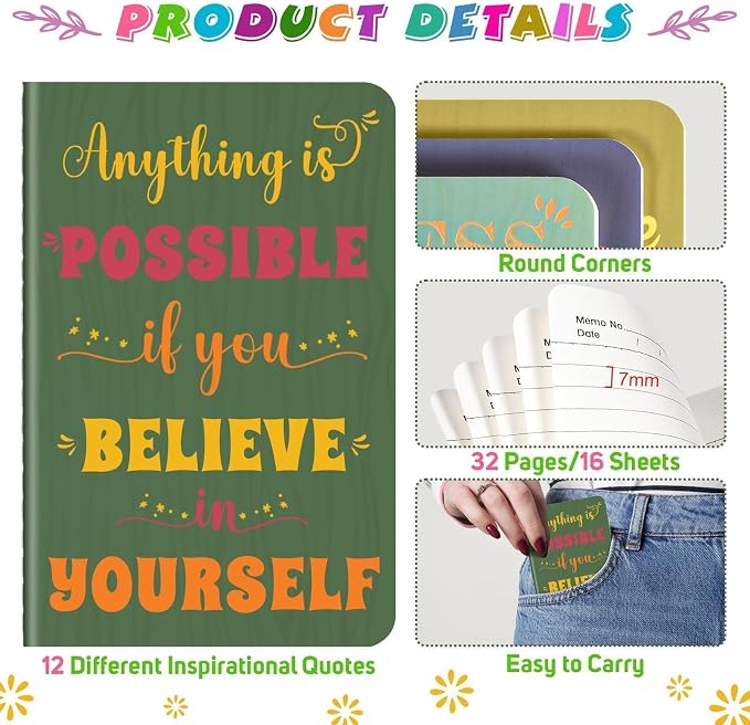 12 Pcs Mini Inspirational Notebooks Bulk with 12 Colorful Pens， 3.5"x5.5" | Small Pocket Journal Notepads Set, Motivational Bulk Gifts for Women Men Teacher Students Kids, End of School Year Gift Bulk