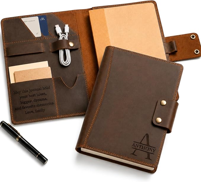 Personalized Leather Portfolio Journal for Men, Women - Custom Business & Organizer A4 A5 Document Binder for Coworker, Employee, Retirement, Company, Office Gifts, Gift for Him, Her, Father’s Day