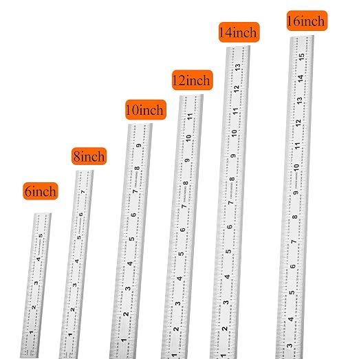 6-Pcs Stainless Steel Ruler Set – 6", 8", 10", 12", 14", 16" Precision Metal Rulers with Inch & Metric Graduations – 1/64", 1/32", mm & 0.5mm Markings – for Workshop, Office, Sewing & DIY