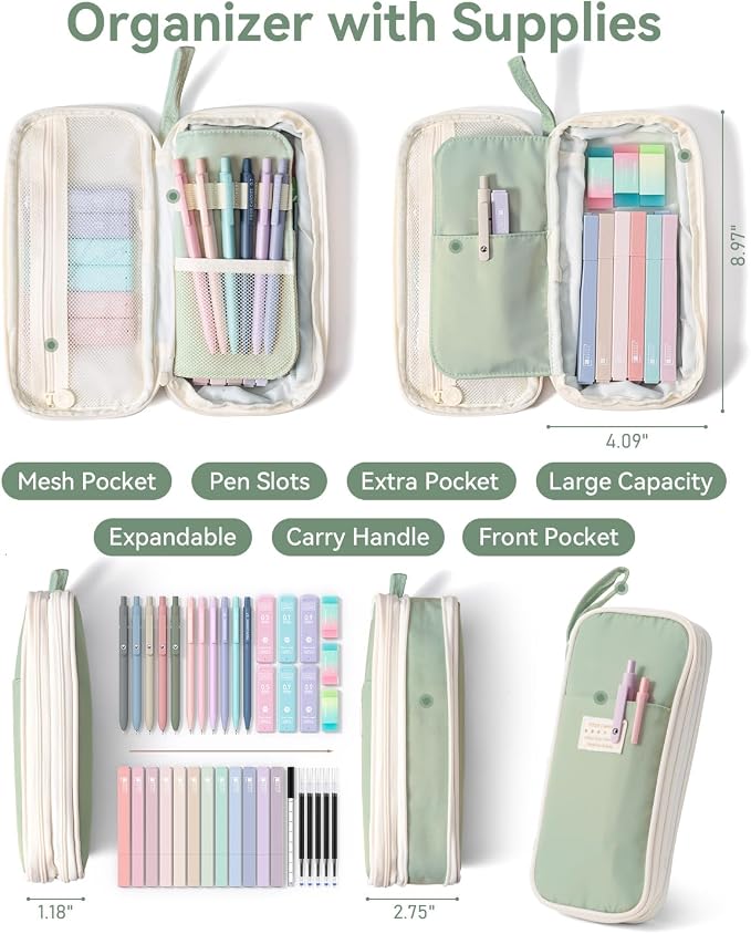 Four Candies School Supplies with Cute Pen Case, 39ct Green | Back to School Stationery Set, Essentials for College & Nursing Students, 5 Gel Pens, 6 Mechanical Pencils, 12 Highlighters
