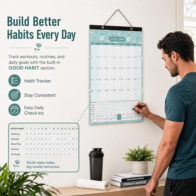 Large Wall Calendar 2026-2027, 18-Month Wall Calendar from July 2026 to December 2027, 15" x 22" 2026 Wall Calendar with Spacious Blocks, Julian Dates, Habit Tracker & Full-Year Reference for Home Office School Floral