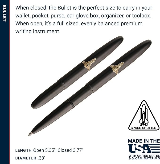 Fisher Space Pen Matte Black Shuttle Emblem Bullet Pen, Pressurized Ballpoint Pen, Compact Size, Writes Upside Down, Extreme Temperatures, Smooth Black Ink, Medium Point, Gift Box, Made in USA