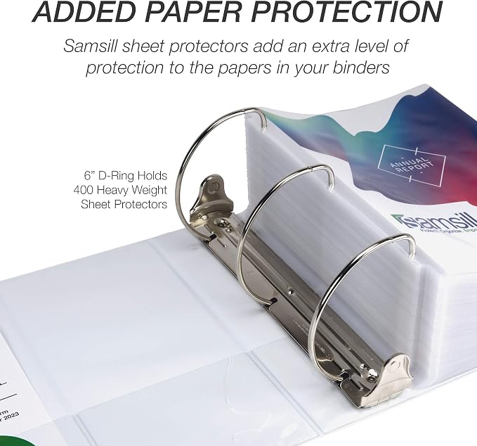 Samsill Durable 6 inch 3 Ring Binder, Locking D Ring Binder, Customizable Clear View Cover, White, 2-Pack, Holds 1225 Pages