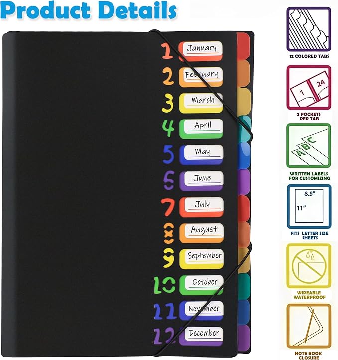 HABGP 24 Plastic Folders with Multi Pockets, 12 Colors, Office Organizer with 12 Tab Dividers, Letter Size School Supplies