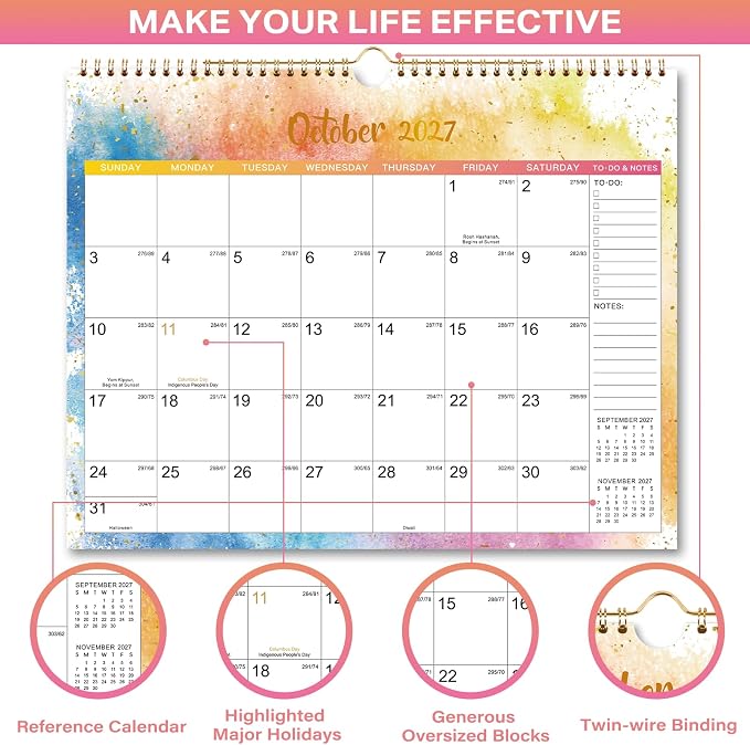 2027 Calendar - 2027 Wall Calendar, JAN 2027 - DEC 2027, 15" x 11.5" | 2027 Wall Calendar 12 Month, Twin-Wire Binding, Julian Dates, Large Block, Notes, To-do List, Thick Paper - Colorful Waterink
