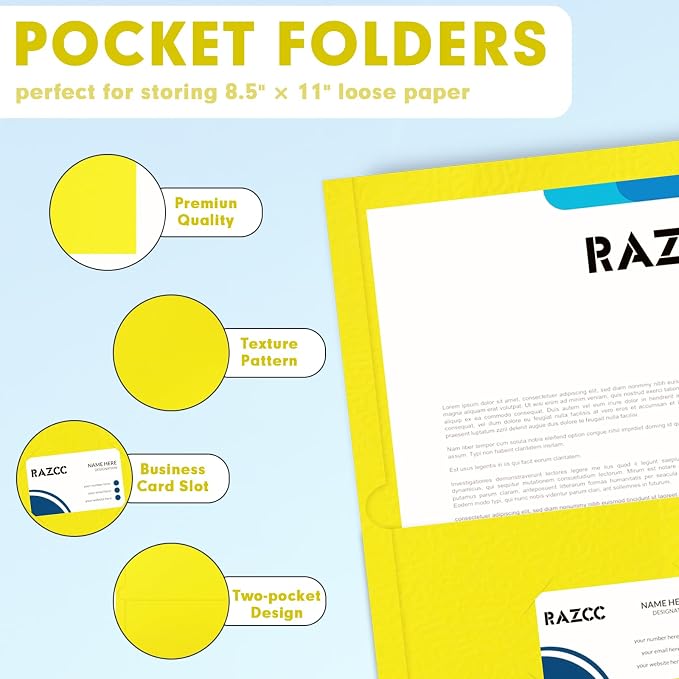 Two Pocket Folders, RAZCC 50 Pack 2 Pocket Folders Fit Letter Size Paper, Paper Folders with Pockets for School Office Business Home (Yellow)