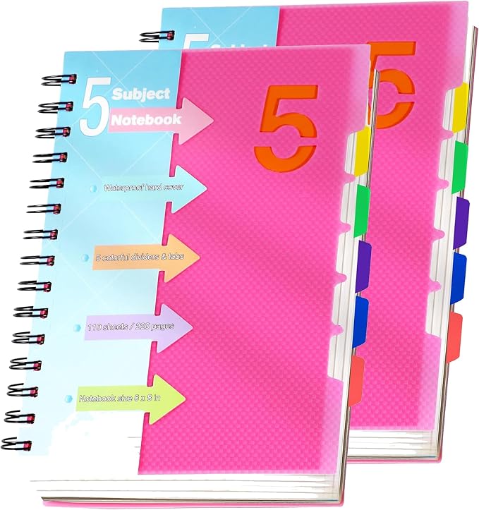 CAGIE 2 Pack 5 Subject Notebook, Small Spiral Notebook with Tabs | 6.1'' x 8.2'', A5 Spiral Notebooks College Ruled for Women, 240 Pages Note book for School Note Taking, Roes Pink