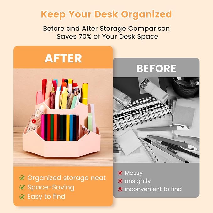 Large Rotating Pen Holder, Desk Organizer, Pink | with 9 Slots, Desktop Stationery Storage for Office, School & Home, Art Supplies Desktop Decor