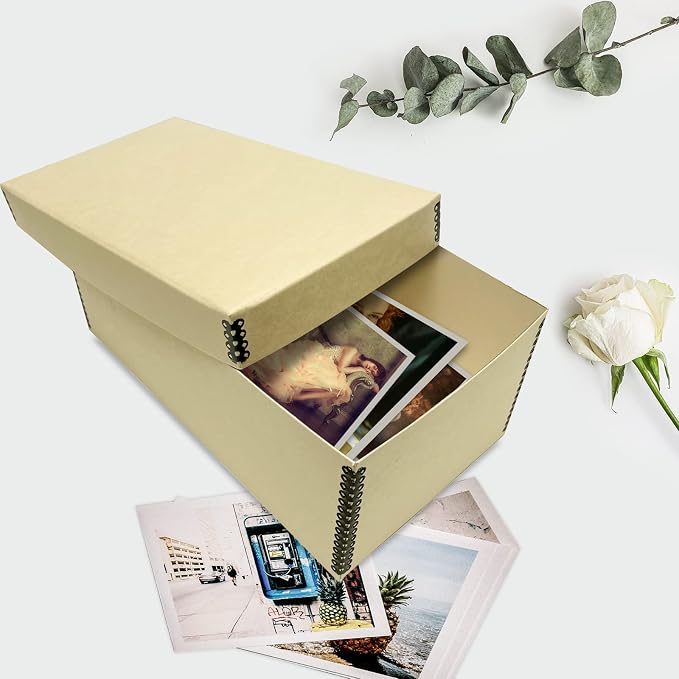 Lineco Archival Photo Card Box, Museum-Quality, 4x6x12 Inch, Tan, 2 Pack | Acid-Free with Removable Lid, Metal-Edge Corner, Bulk Storage and Preservation for Negatives, Prints, Films, Photos, Snapshot