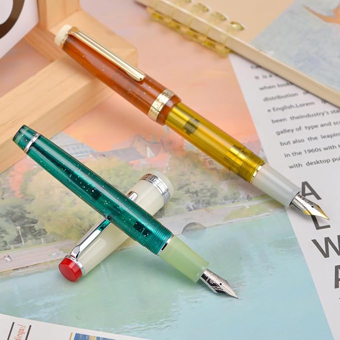 2PCS Jinhao 82 Fountain Pen Extra Fine Nib & Fine Nib with Converter, Mixed Transparent Green Yellow Writing Pen Set