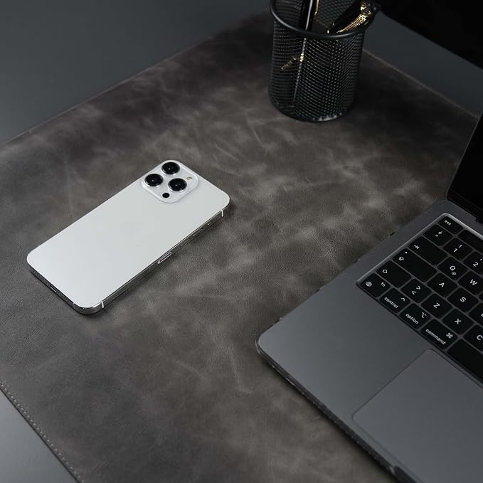 Jersey Genuine Calfskin Leather Desk Pad, Office Desk Mat with Non-Slip Bottom, Smooth Surface for Mouse & Keyboard, Desk Protector (14.6x31.5 inches) (Gray)