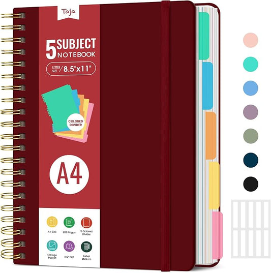 Hardcover Spiral Journal Notebooks for Work With Removable Dividers & Tabs, 8.5"x11" 5 Subject Notebook for Note Taking & Organizer, A4 College Ruled Lined Journal for Women & Writing, Burgundy, 280 Pages