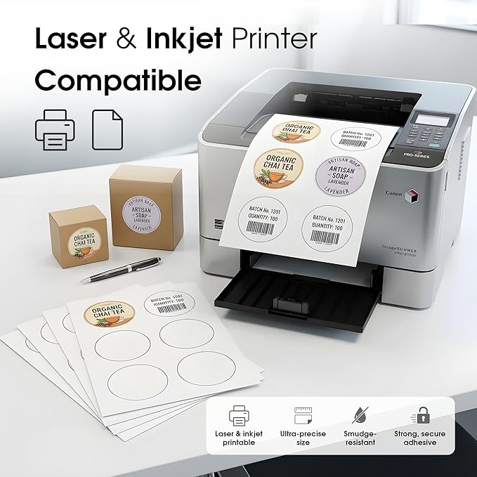3" Printable Round Labels for Laser and Inkjet Printers - 3000 Blank Labels, 500 Sheets for Business Logos, Thank You Stickers, Price Tags, QR Codes - Spartan Industrial Template C006