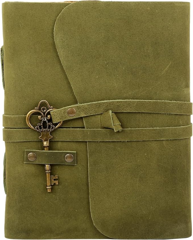 Leather Journal with Deckle Edge Paper 8x6 inch and Vintage Key | Handmade Writing Notebook Diary | Bound Daily Notepad for Men & Women Medium, Sketch/Writing pad for Artists