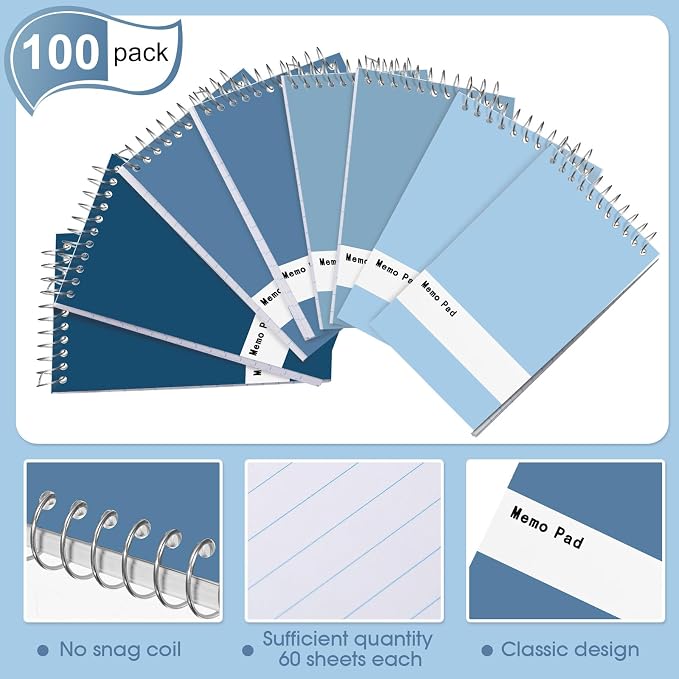 Thenshop 100 Pads Spiral Memo Pads Bulk 3 x 5 Inch Small Pocket Notepad Top Bound Lined 60 Sheets Mini Notebooks for School College Office Home Supplies (Fresh Colors)