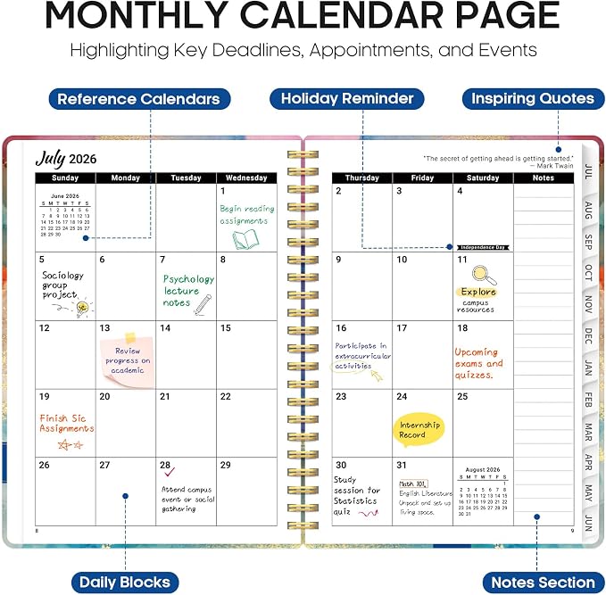 Planner 2026-2027, Academic Year Monthly and Weekly Calendar Planner, Jul 2026 - Jun 2027, Hardcover Teacher Student Planning Agenda book with Tabs, Perfect for School Office Supplies, 8.5" x 11" - Color Splash
