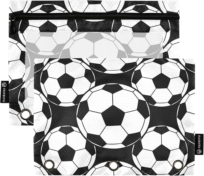 Soccer Pencil Pouches for 3 Ring Binder, Zipper Binder Pencil Case, 2 Pack Clear Window Case Bag for Office Organizers