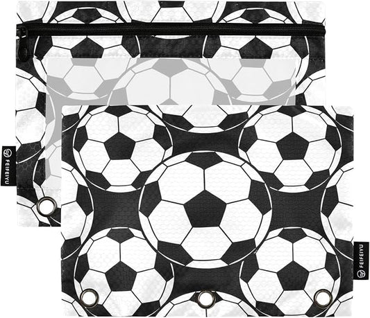 Soccer Pencil Pouches for 3 Ring Binder, Zipper Binder Pencil Case, 2 Pack Clear Window Case Bag for Office Organizers