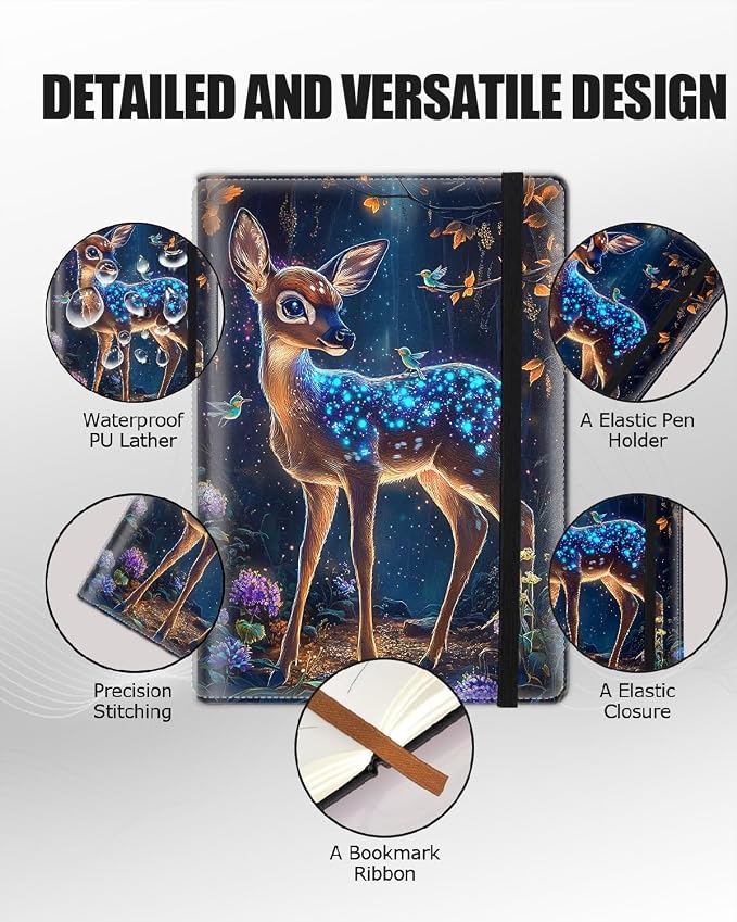 Hardcover Executive Notebooks, A5 PU Leather Lined Journal Notebook, 200 Pages Thick Paper Subject Notebooks for School,Work,Home Writing Business Notebook, Diary Book, Flash Deer in Forest