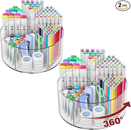 Absonic 500 PCS Acrylic Pencil Holder, 360 Rotating Clear Marker Organizer, Pen Crayon Marker Caddy Organizer for Desk, Desktop Storage and Organizer for Office School Art Supplies, 2 Pack