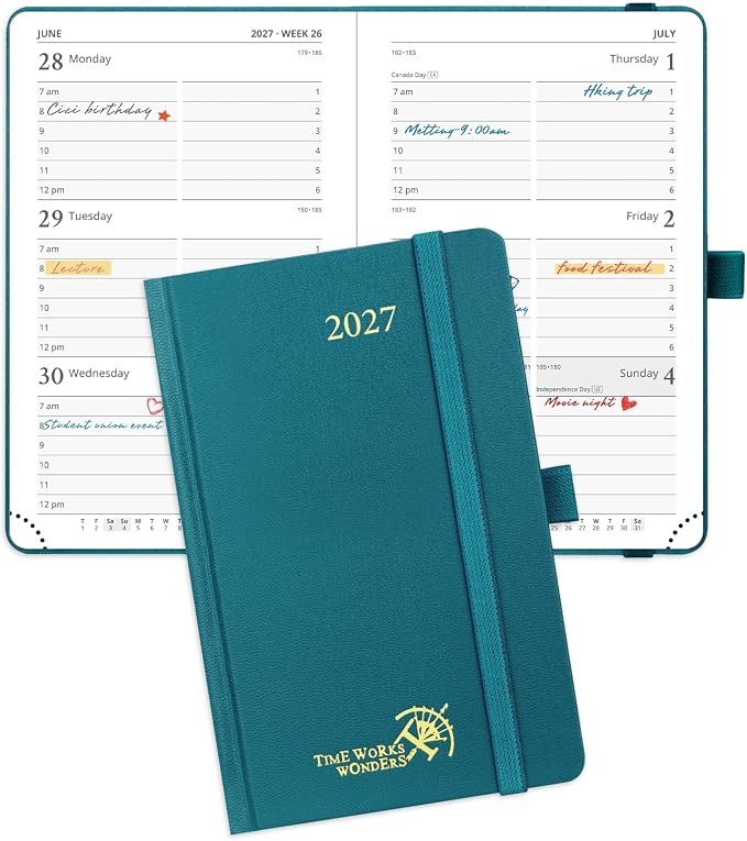 POPRUN Pocket Calendar 2027, 4" x 6.25" Pocket Calendar for Purse, Jan 2027 - Dec 2027 Small Planner, Weekly Appointment Book with Hourly Time Slots, Hardcover, 100 GSM - Pacific Green