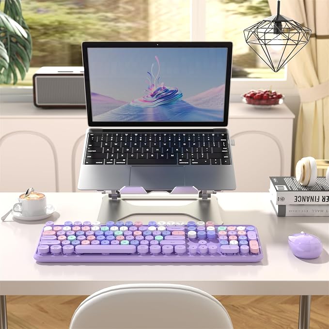MPTOG Colorful Wireless Computer Keyboard and Mouse Combo (Purple-Colorful) | Retro Round Typewriter Keycaps, Power Switch, Ergonomic Design, 2.4GHz Wireless for Windows, Mac, PC