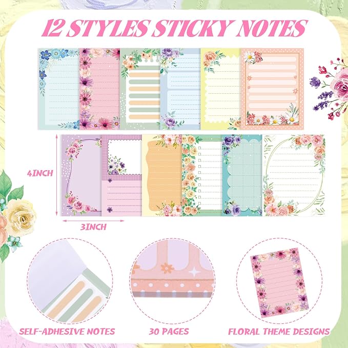 Chiisong 12 Pads Cute Sticky Notes Flower Sticky Notes 3 x 4 Inches Colored Adhesive Memo Reminder Decor Floral Memo Pads Flower Notepads for Journal Office Birthday Gifts