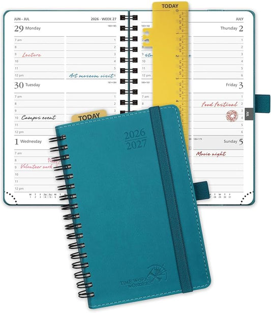 POPRUN Pocket Planner 2026-2027 (Size 4''x6.25'') Academic Pocket Calendar | Weekly Planner, Small Calendar Book(July 2026 - June 2027) with Hourly Time Slots, Spiral Leather Cover - Pacific Green