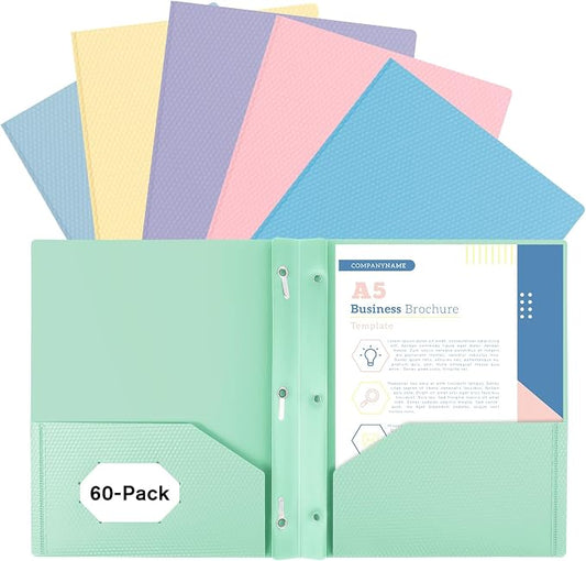 60-Pack Plastic andPockets and Prongs,2-Pocket and3 Fasteners, Holds 8-1/2" x 11" Paper for School/Office/Home, Pastel Color