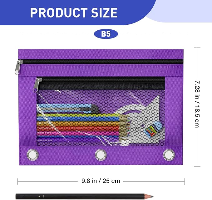 Pencil Pouch for 3 Ring Binder - 3 Hole Zipper Pen Case Bag Holder Bulk Accessories Clear Window Aesthetic Organizer Pockets