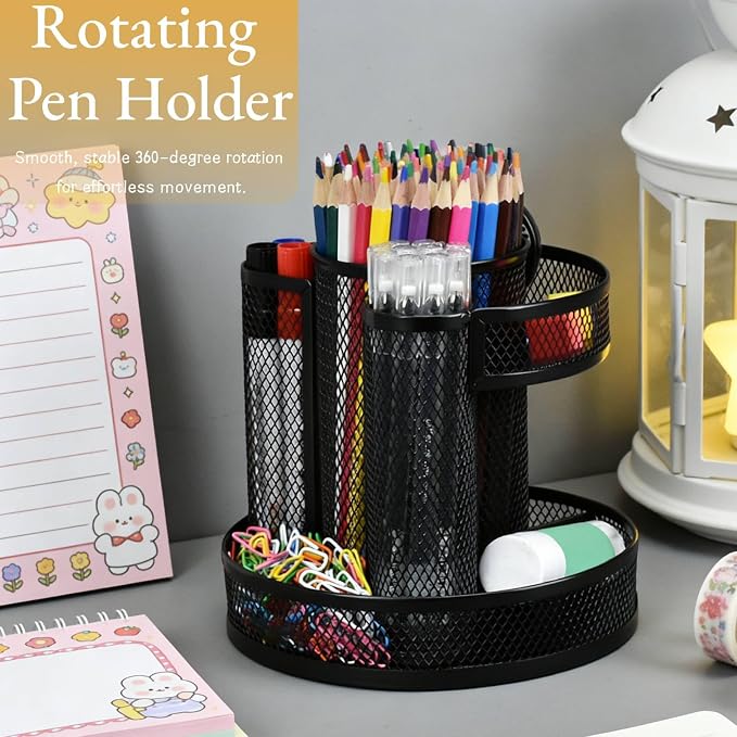 HERCHR 360 Rotating Desk Pen Holder Organizer, Black Mesh Metal Rotating Pencil Holder with 7 Compartments, Office Desk Organizer for Pencils Scissors Art Supplies, 6.1x6.5x3.1in