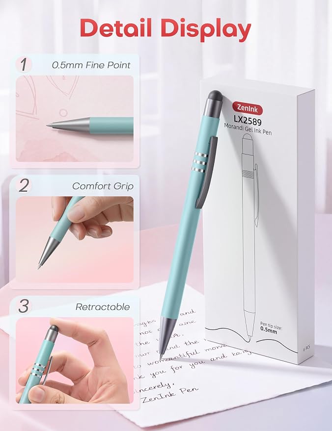 Morandi Gel Pens, 6 Pack Black Ink Pens, Premium Aesthetic Retractable Pens with Stylus,0.5mm Fine Tips, Quick-Drying Ink for Smooth Writing, for Journaling, School, Office, Teachers, Gifts