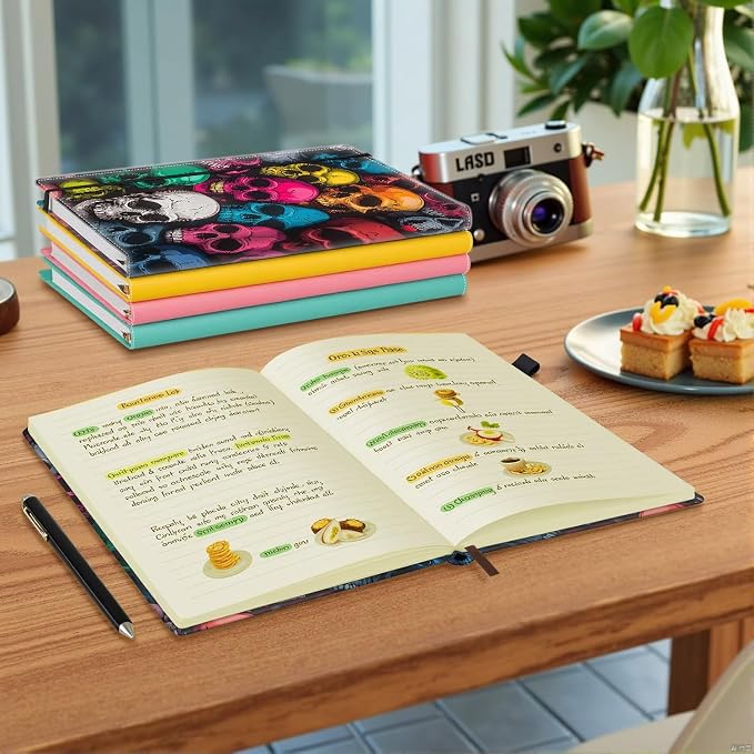 Hardcover Executive Notebooks, A5 PU Leather Lined Journal Notebook, 200 Pages Thick Paper Subject Notebooks for School,Work,Home Writing Business Notebook, Diary Book ，Colored Skull