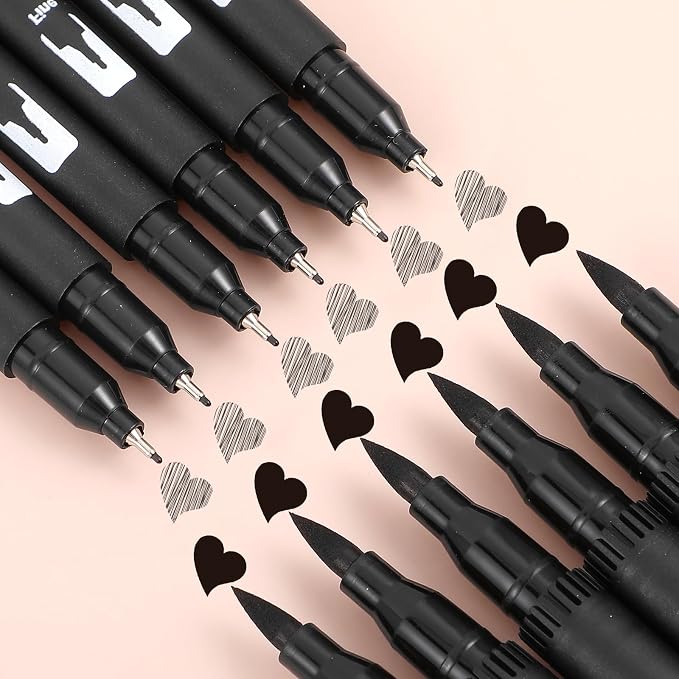 12 Pack Black Drawing Pens Felt Tip Brush Pen Fineliner Ink Pens Dual Tip Brushes Fineliners Pen Waterproof Calligraphy Marker for Art Drawing Watercolor Sketching Anime Beginners Scrapbooking
