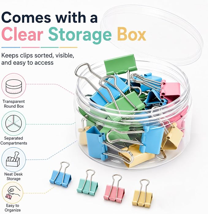 Binder Clips Assorted Sizes, Durable Metal Binder Clips for Office, Cute Desk Supplies for Teachers Student (60, Colorful)