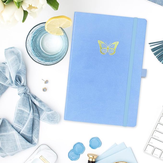 RICCO BELLO Lined Journal Notebook, Butterfly, 5.7 x 8.4-Inches | Faux Leather Hardcover, Pen Holder, College Ruled, 96 Sheets / 192 Pages, For Work & Notes